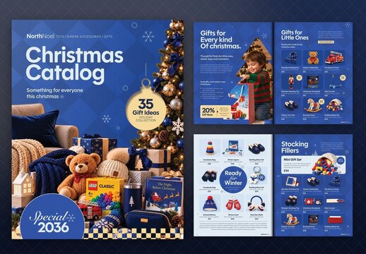Christmas Gift Guide & Catalog Brochure Template, Multipage Holiday Retail Catalogue with Price List for Gift Shops & Toy Stores