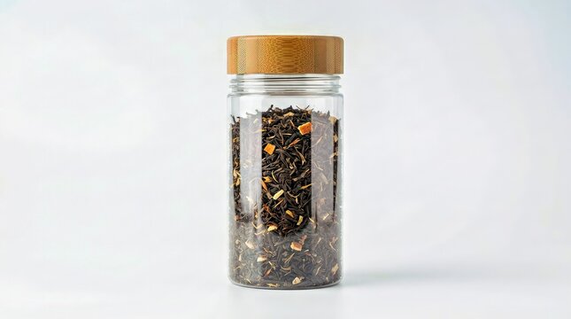 Clear Glass Jar With Bamboo Lid Filled With Black Tea Leaves