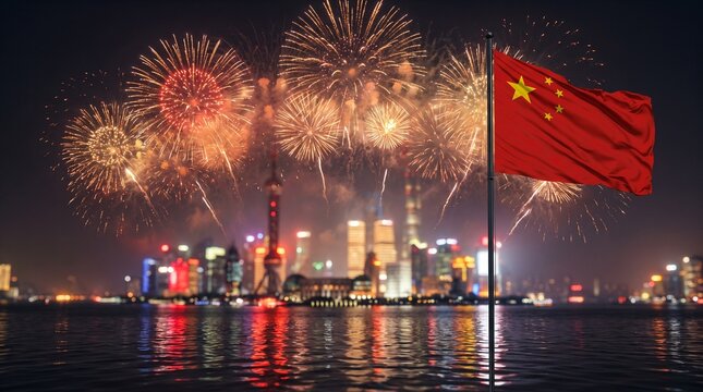 China National Day Celebration with Fireworks and Chinese Flag at Night