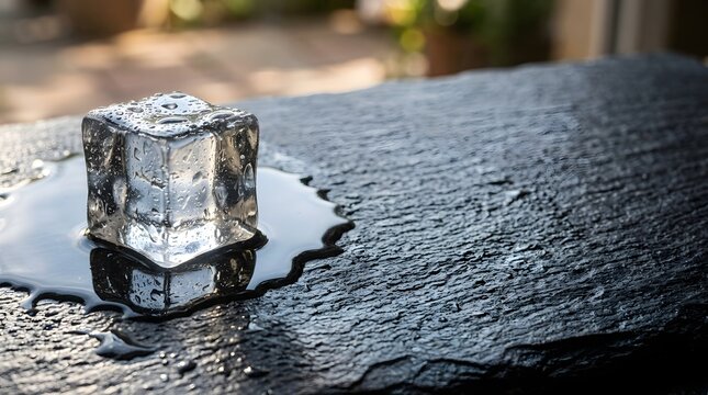 A single clear ice cube melting on a textured dark stone surface with water droplets around