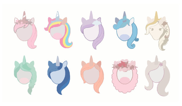Cute Magical Unicorn Face Collection with Rainbow Manes, Flowers and Horns Vector Set