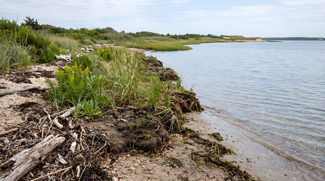 Natural coastal berm with vegetation and sediment accumulation illustrates climate resilience, shoreline protection, and ecosystem restoration for ESG reports, environmental planning, and conservation