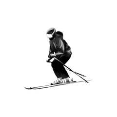 Fototapeta premium Vintage cross-country skier in winter clothing, rendered in black halftone style, isolated on white background, classic outdoor sports illustration for winter and holiday designs.