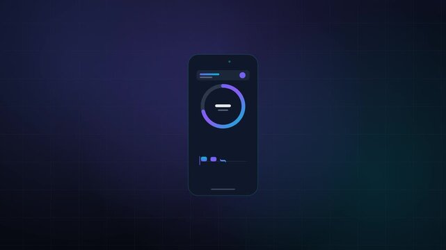Smartphone interface displays analytical data dashboard with colorful animated graphs and modern user elements in this digital motion graphics video