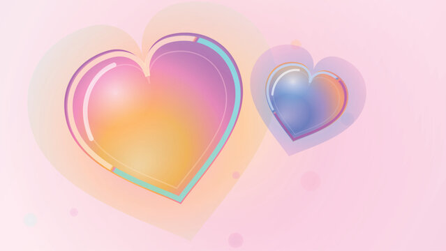 Two iridescent glowing hearts against soft pink background for feminine romantic web content.