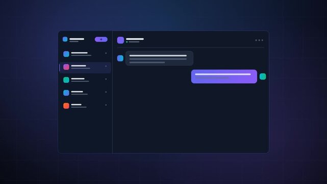Minimalist digital messaging interface displaying animated chat bubbles and user navigation lists in this sleek modern software application motion video