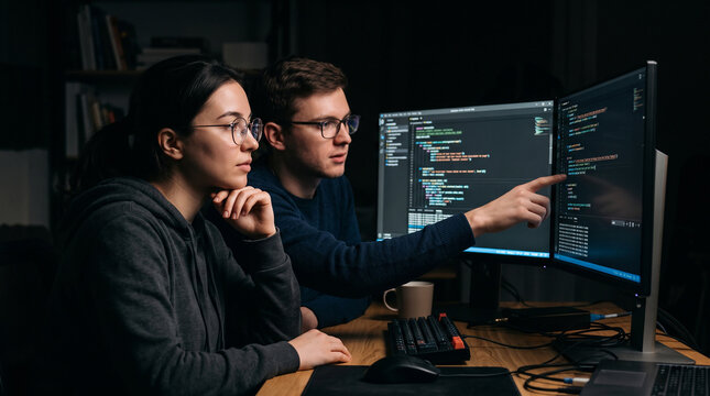 Two programmers working together at dual monitors with code in office perfect for software development teams and modern technology business visuals