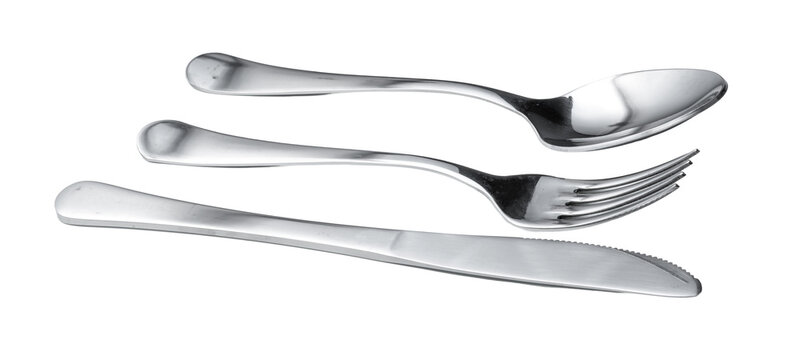 Various types of silver utensils arranged in a row on a white background
