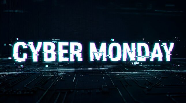 Glitchy Digital Cyber Monday Typography on Dark Tech Background