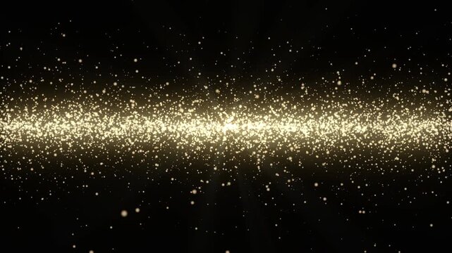 漆黒の背景に輝くゴールドの細かな光粒子とグリッターの帯のシームレスループ動画素材 / Sparkling fine gold particles and glitter stream loop background on black