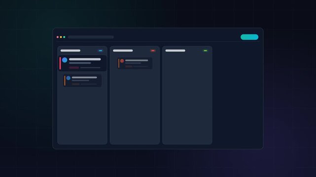 Dynamic kanban project management dashboard interface animation displaying collaborative task board updates in a sleek dark blue digital motion video
