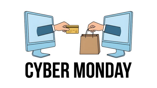 Cyber Monday Online Shopping Illustration with Hands, Credit Card, and Bag