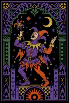Colorful jester in medieval attire under moonlit archway.