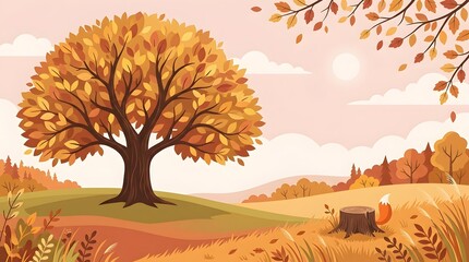 Obraz premium Beautiful vector illustration showcasing majestic autumn tree with falling orange leaves in serene landscape
