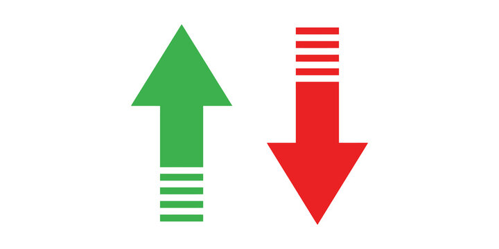 Green up and red down arrows with speed lines on transparent grid.