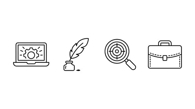 Four flat icons set: laptop, quill, magnifying glass, briefcase