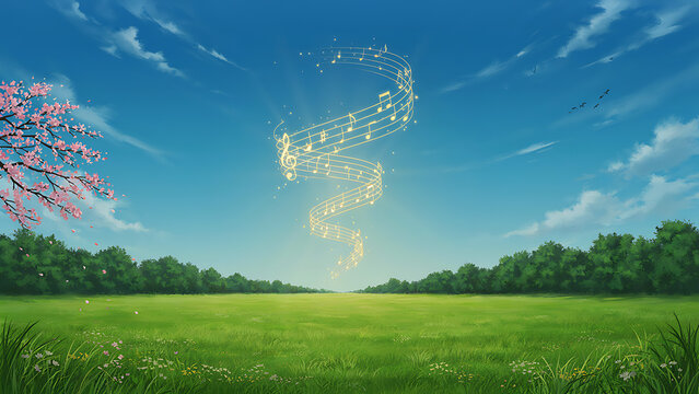 Glowing musical notes swirling over green spring meadow illustration
