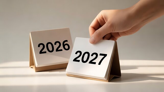 A human hand picking up a 2027 desk calendar card next to a 2026 calendar card on a clean and minimalist light grey studio background, surface area