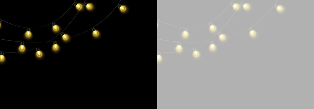 Golden glowing fairy light string with warm bulbs for Christmas cards and holiday backgrounds