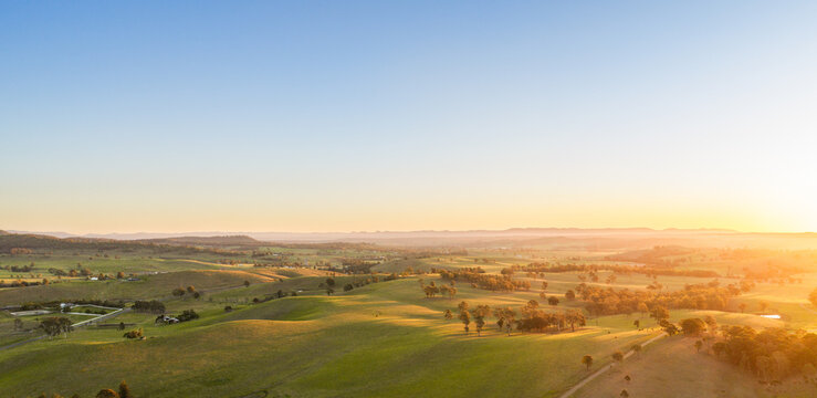 sunset landscape view over rural farmland of Glendon Brook NSW Australia