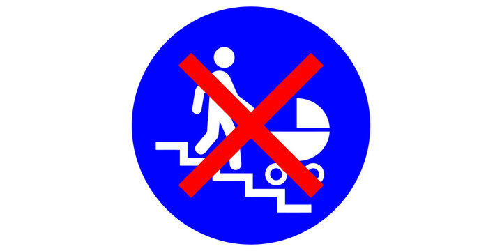 Baby stroller forbidden sign on blue circle for stairway safety warning.