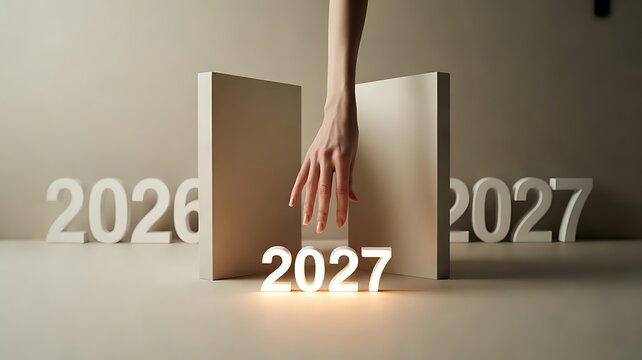 A human hand reaching down to touch a glowing 2027 sign placed between two beige blocks with 2026 and 2027 numbers in the background environment