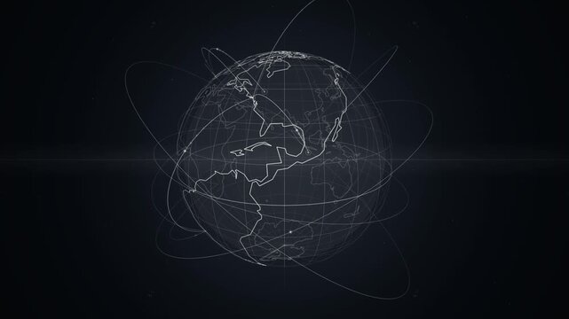 Digital rotating earth globe with data network visualization HUD interface for global business communications in this professional motion video clip
