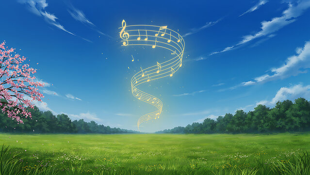 Serene spring park illustration with glowing musical staff vector