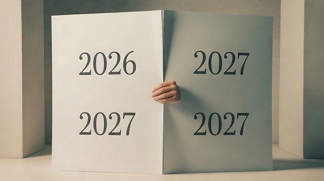 Hand emerging from between two large paper sheets labeled 2026 and 2027, conceptual transition of years, minimalist white interior background setting