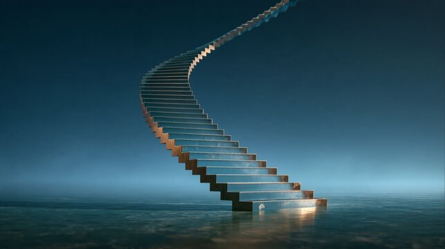 Spiral staircase rising from the sea surface into the blue sky