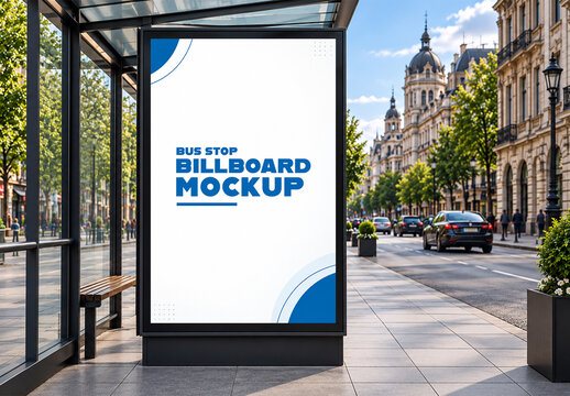 Vertical Bus Stop Advertisement Mockup In City Environment