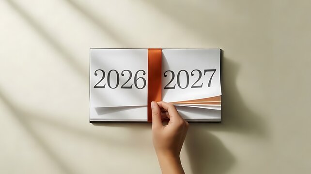 Hand flipping pages of a notebook with an orange ribbon, transitioning from 2026 to 2027, minimalist office desk setting with soft natural sunlight