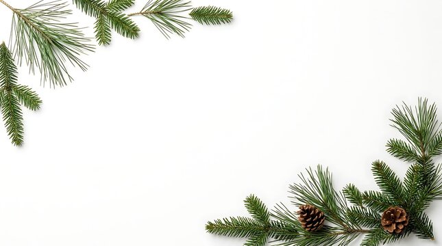 Minimalist christmas border frame with natural fir branches and pine cones on a white background, for seasonal greeting card
