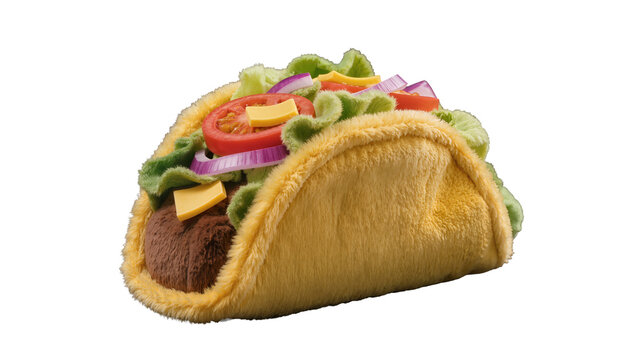 Plush taco, golden shell with brown 'meat', green 'lettuce', red 'tomato', purple 'onion', yellow 'cheese' felt, isolated transparent background