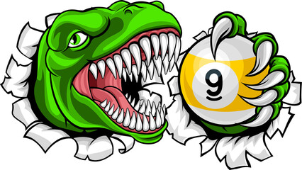 Dinosaur nine ball pool billiards sports mascot holding a 9 ball cartoon illustration © Christos Georghiou