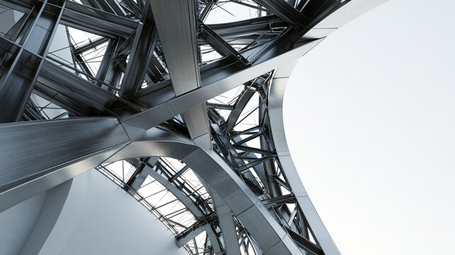 Low angle view of modern architectural steel structure trusses against sky
