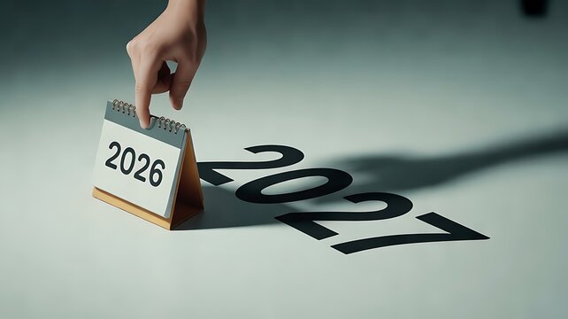 Hand placing a small 2026 desk calendar with 2027 shadow, concept of time passing and future planning, minimalist studio on grey surface