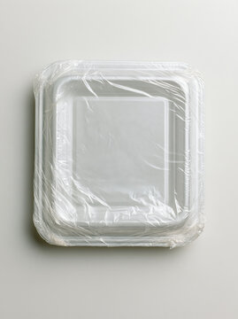 Empty square styrofoam food container wrapped in clear plastic film