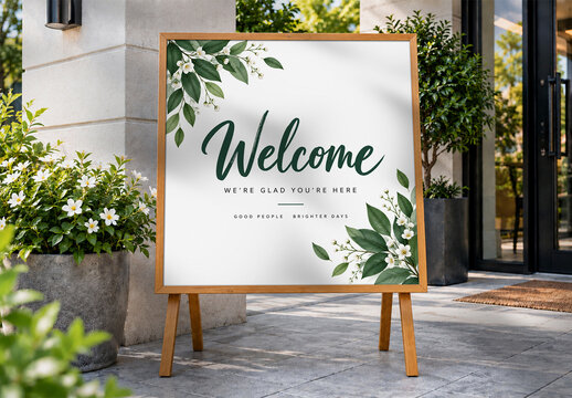 Welcome Sign Mockup With Wooden Easel Frame And Floral Design
