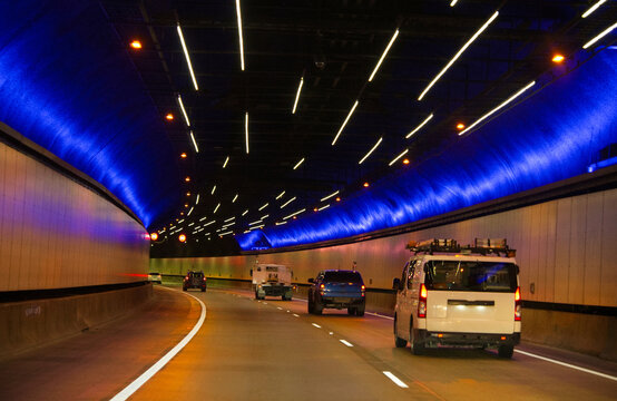 Freeway tunnel with blue lights