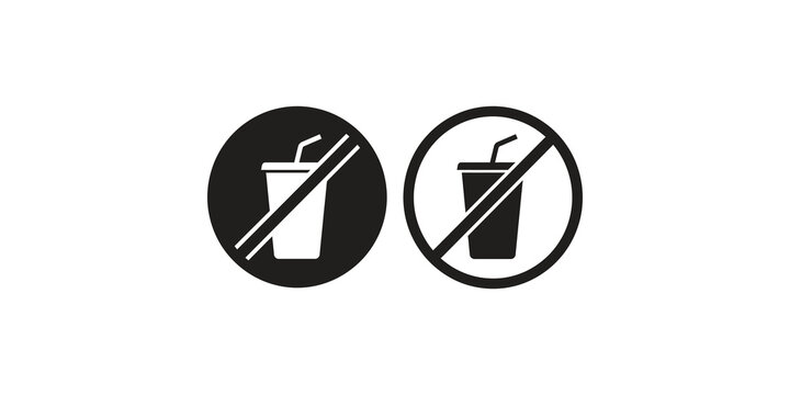 Black circle no drinks sign icons with cup and straw for public zone.