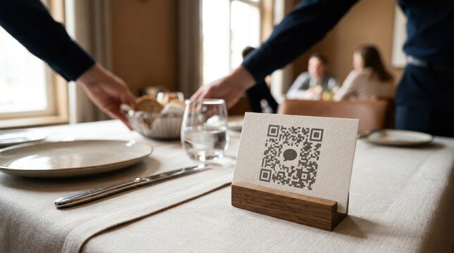 restaurant table qr feedback card QR code menu displayed on table in restaurant with waiters serving food.