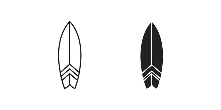 Surfboard outline and solid icon for sports and beach leisure activities.