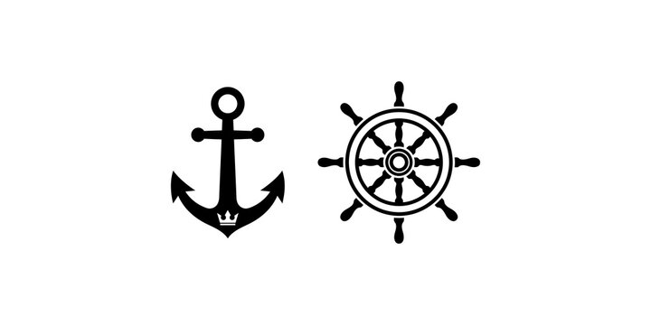 Nautical anchor and ship wheel symbols for maritime and naval designs.