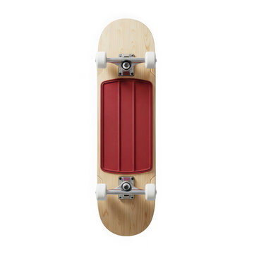 Wooden skateboard with red grip tape deck isolated on a transparent background cutout