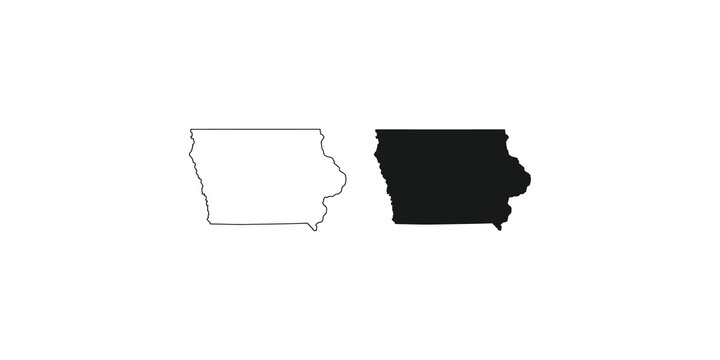 Iowa state map outlines in thin line design and solid black silhouette.