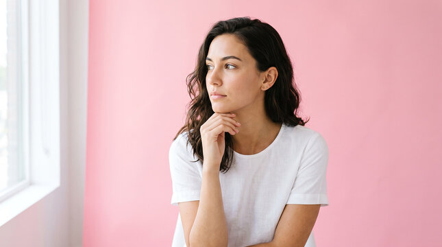 Pensive woman resting chin on hand against pink background expressing deep thought perfect for creative brainstorming and motivational content
