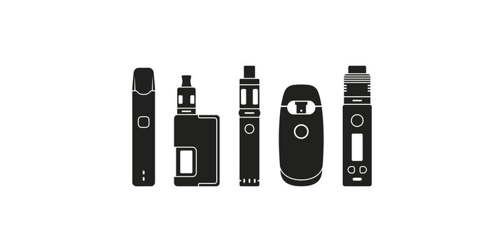 Vape device icons with black outline for electronic cigarettes and lifestyle.