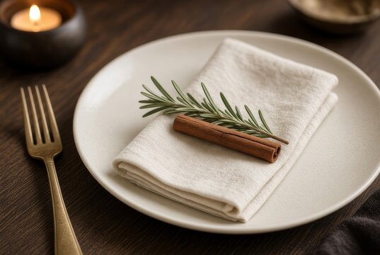 Cinnamon stick and rosemary on a simple table setting