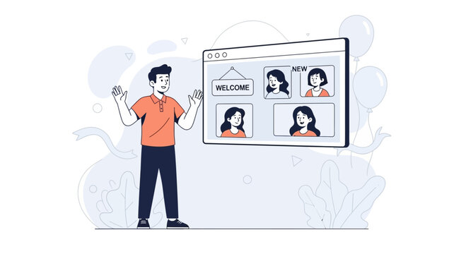 Man welcomes new team members in online meeting, illustrating remote work and virtual collaboration.